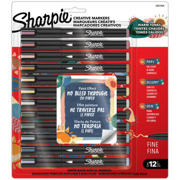 Sharpie Creative Markers, Warm Tones, Water-Based Acrylic Markers, Fine Tip, Assorted Colours, 12 Count