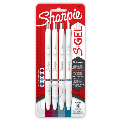 Sharpie S-Gel Pens, Fashion Barrel Gel Pens, Pearl White Body, Medium (0.7mm) Point, Bold Jewel Color Assortment, 4 Count