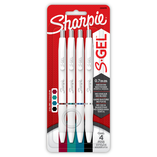 Sharpie S-Gel – Ensemble de 4 stylos gel 0,7 mm, corps blanc nacré, couleurs assorties. Réf. 2206098