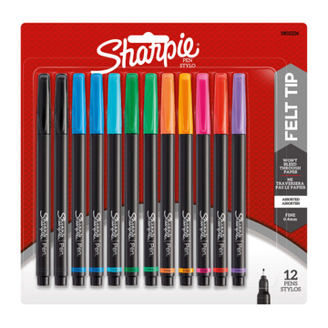 Sharpie Pens, Felt Tip, Fine Point (0.4 mm), Assorted Colours, 12 Count