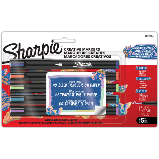 Sharpie Creative Markers, Earth Tones, Water-Based Acrylic Markers, Brush Tip, Assorted Colors, 5 Count