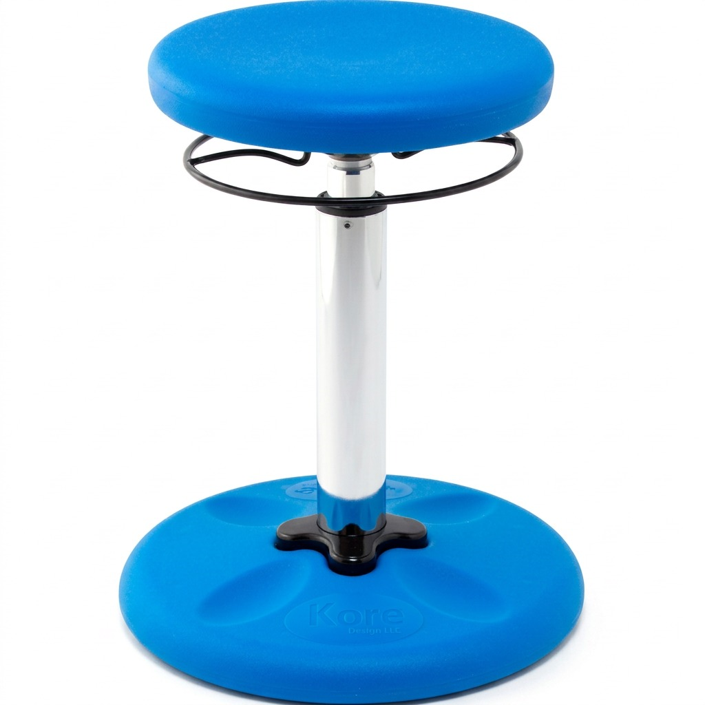 fdmt Kore Adjustable Wobble Stool in blue, featuring a rounded seat and base with a chrome pedestal.