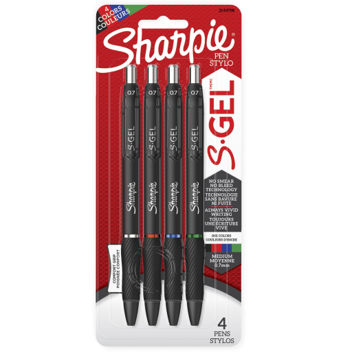 Sharpie S-Gel, Gel Pens, Medium Point (0.7 mm), Assorted Colors, 4 Count