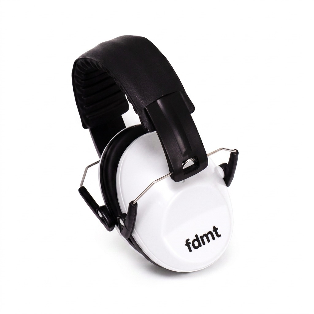 White fdmt noise reduction earmuffs with a black padded headband on a white background.