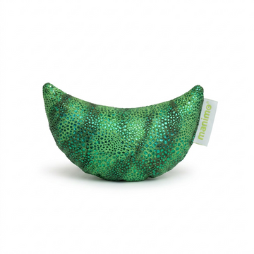 A pure high-resolution hero shot of the fdmt manimo Green Half Moon Ball with its shiny textured surface, centered on a clean white background.