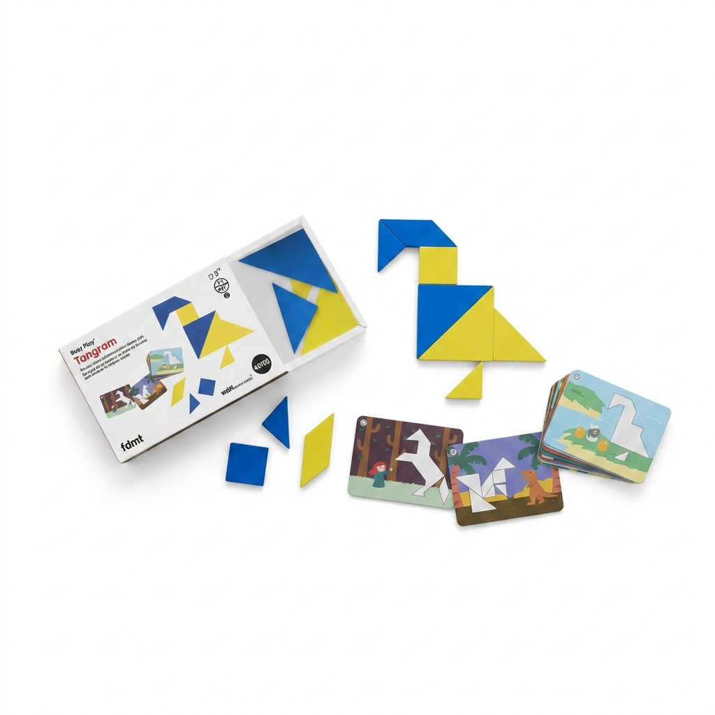 Pure white background, large bird tangram figure, loose pieces, small challenge cards, fdmt Busy Play Tangram.