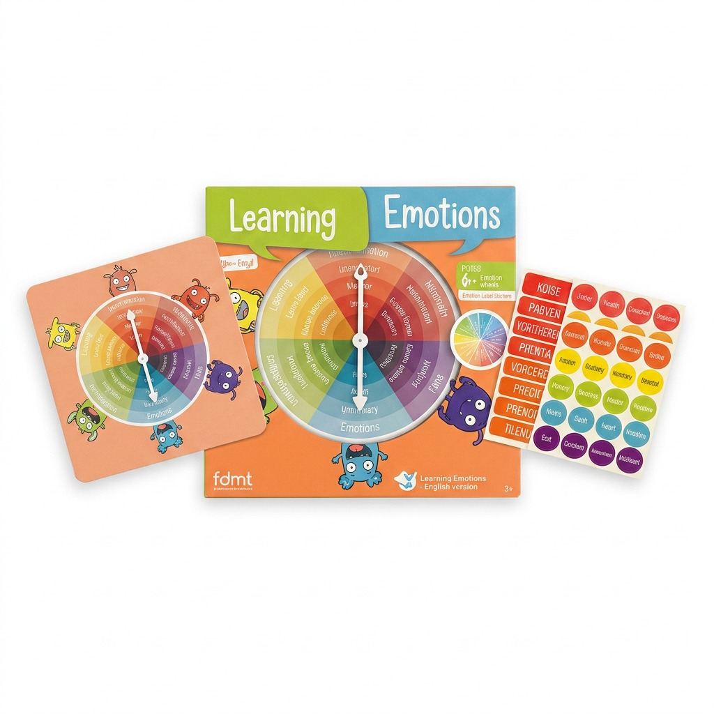 High-resolution hero shot of the fdmt Learning Emotions - English set components, including cards, boards, and stickers, on a pure white background.