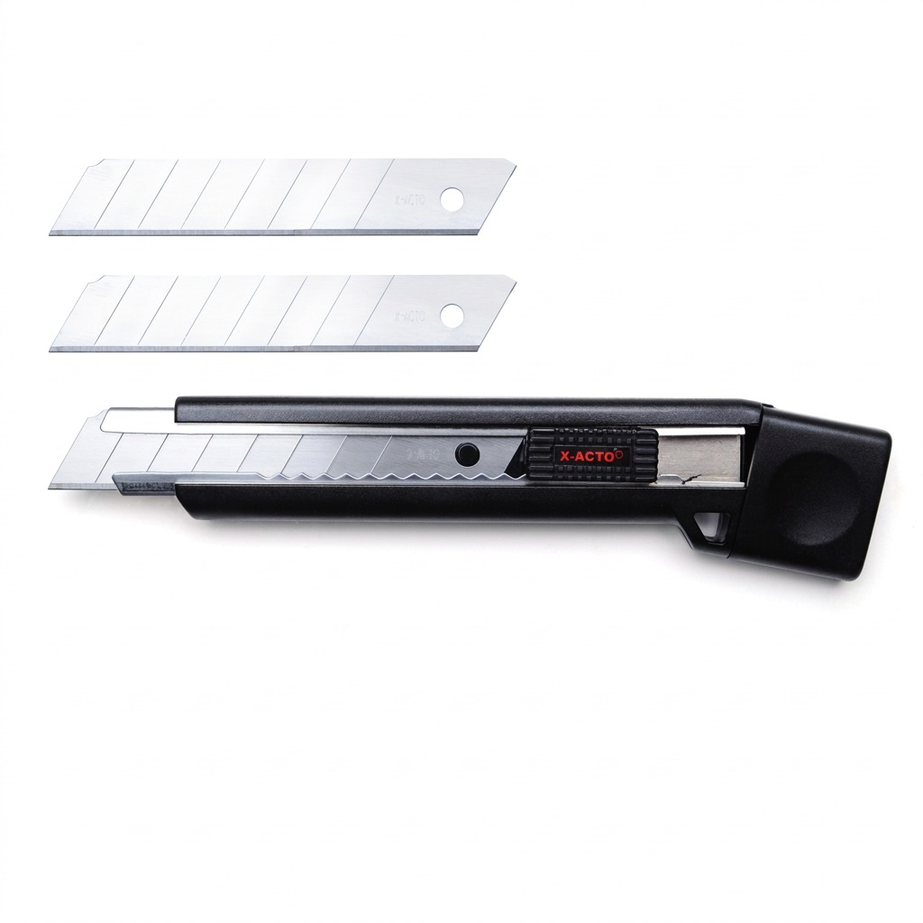 X-ACTO high-duty snap-off utility knife with two spare 8-point blades on a white background.