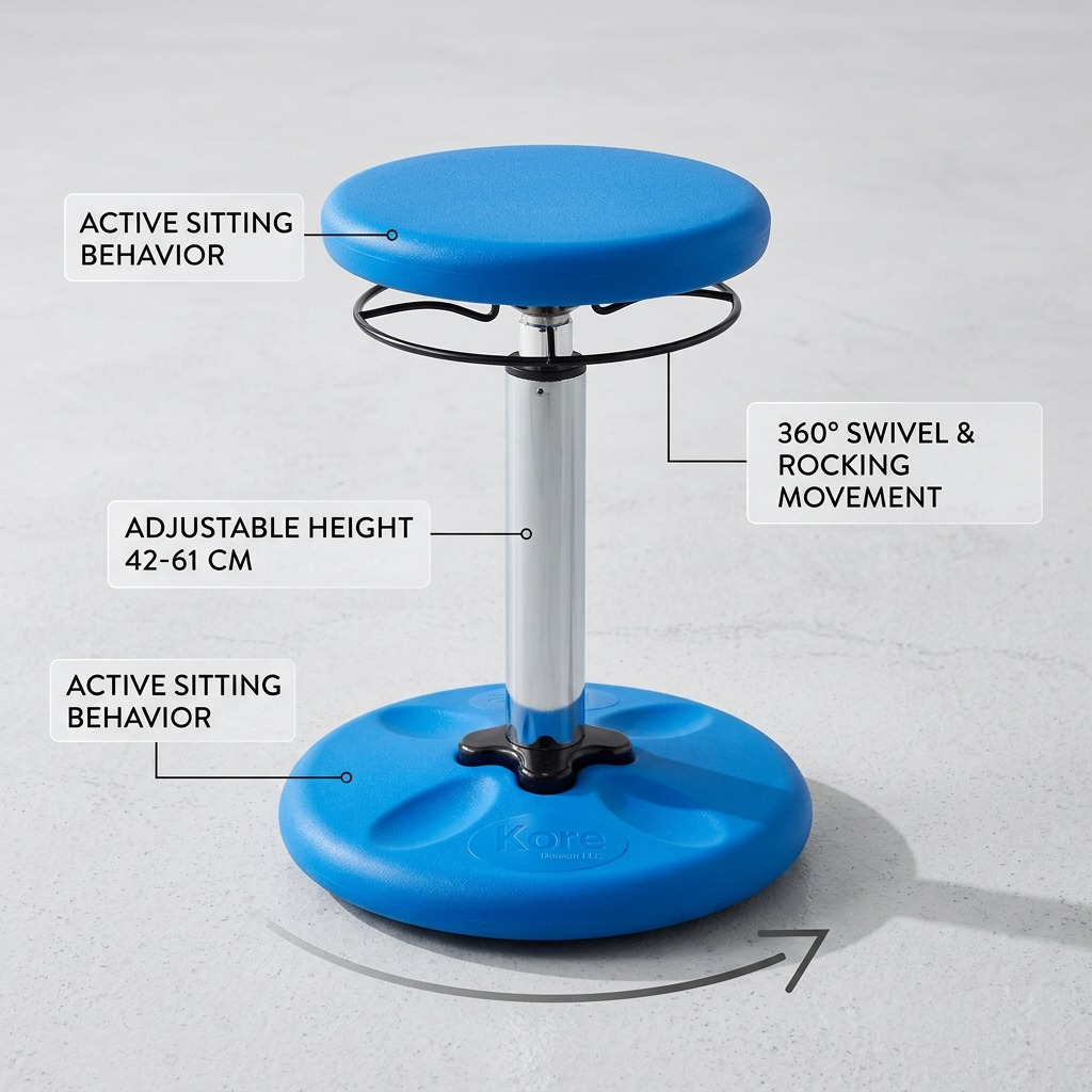 fdmt Kore Adjustable Wobble Stool in blue showing 42-61cm height and 360-degree rocking movement.
