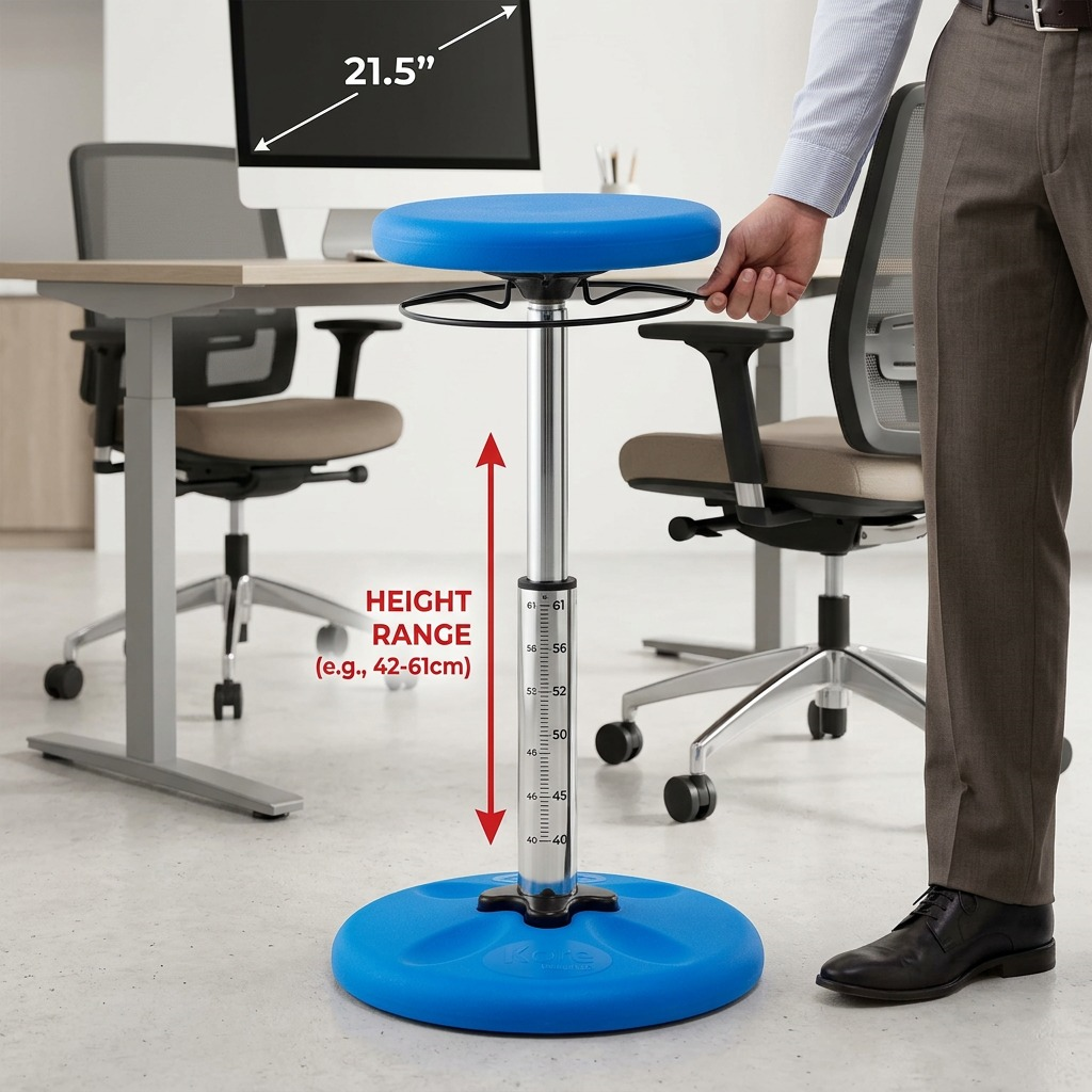 Blue fdmt Kore Adjustable Wobble Stool at 42-61cm height scale compared to a desk and person.