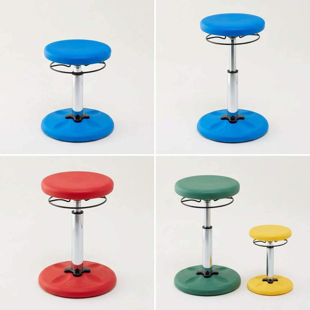 Grid of fdmt Kore Adjustable Wobble Stools in blue, red, green, and yellow showing height settings.