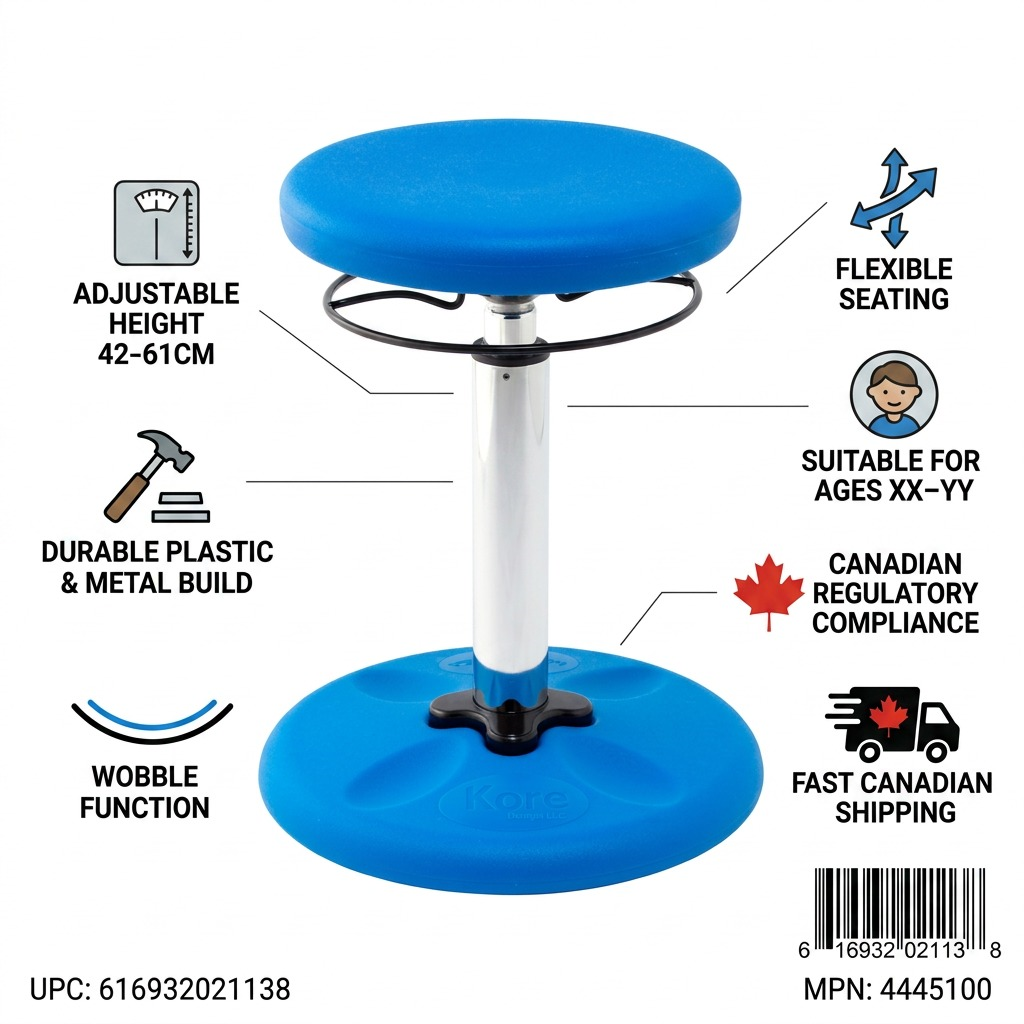 Infographic showing the blue fdmt Kore Adjustable Wobble Stool with 42-61cm height and Canadian shipping.