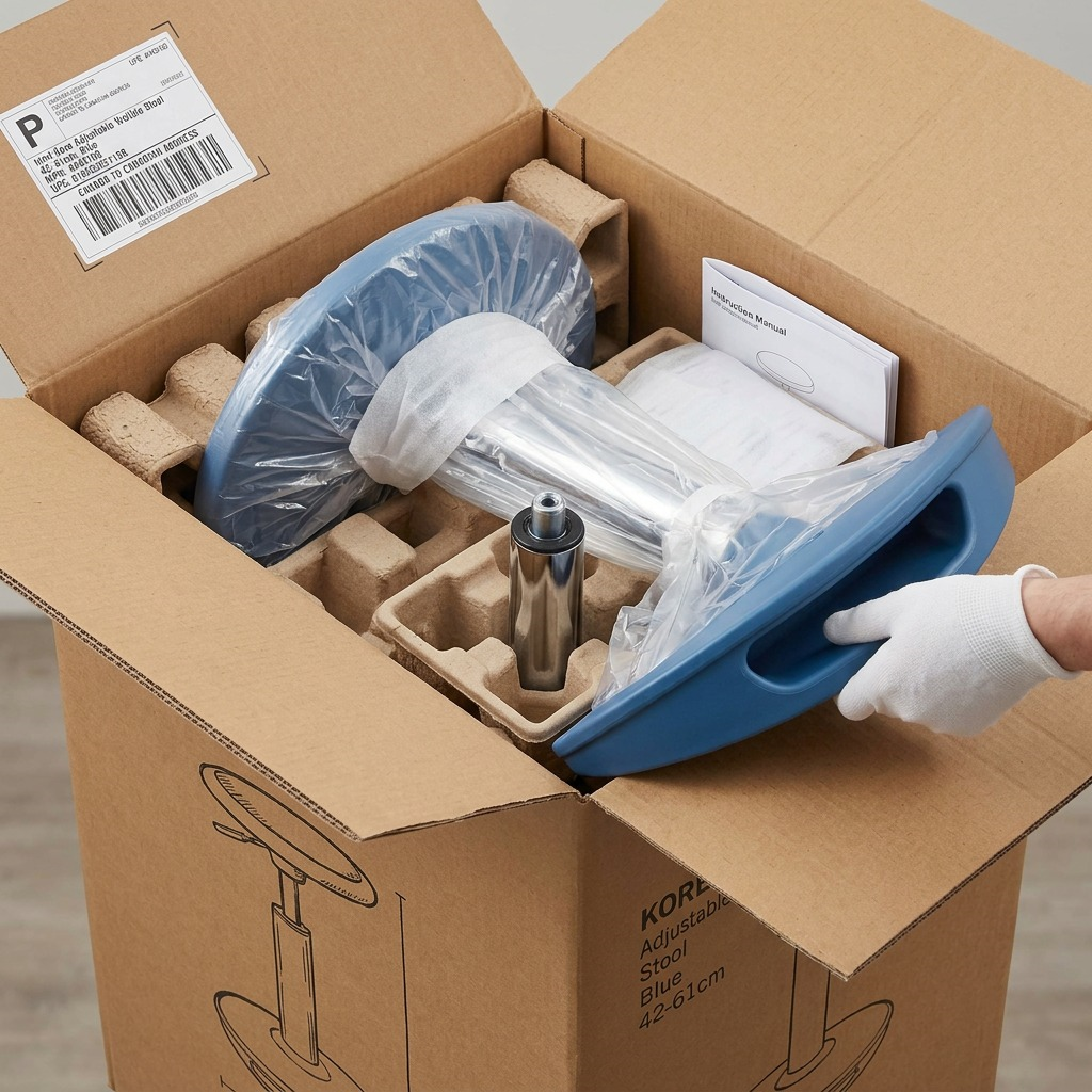 Unboxing the blue fdmt Kore Adjustable Wobble Stool from its secure cardboard shipping packaging.