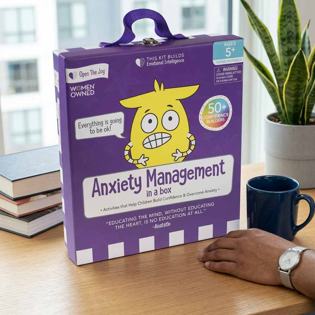 A high-resolution, pure white background product shot of the Open The Joy Anxiety Management in a Box, showing the purple packaging with all original text and logos, including the character and carry handle.