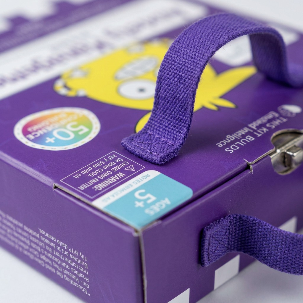 Macro photograph focusing on the textured fabric handle and fine-print details on the box.