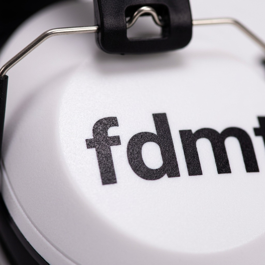 White fdmt noise reduction earmuffs with a black padded headband on a white background.