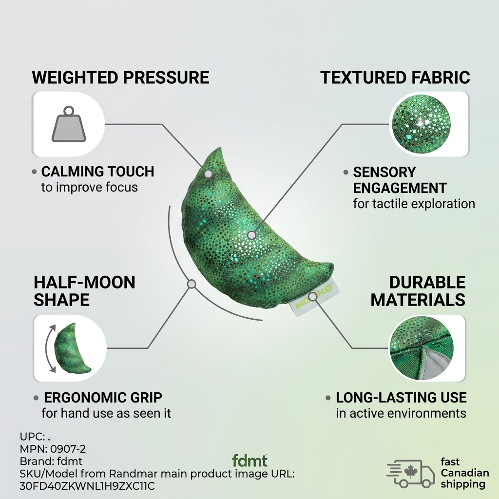 Ecommerce infographic focusing on fdmt manimo Half Moon Ball - Green operational features, highlighting weighted comfort and textures.