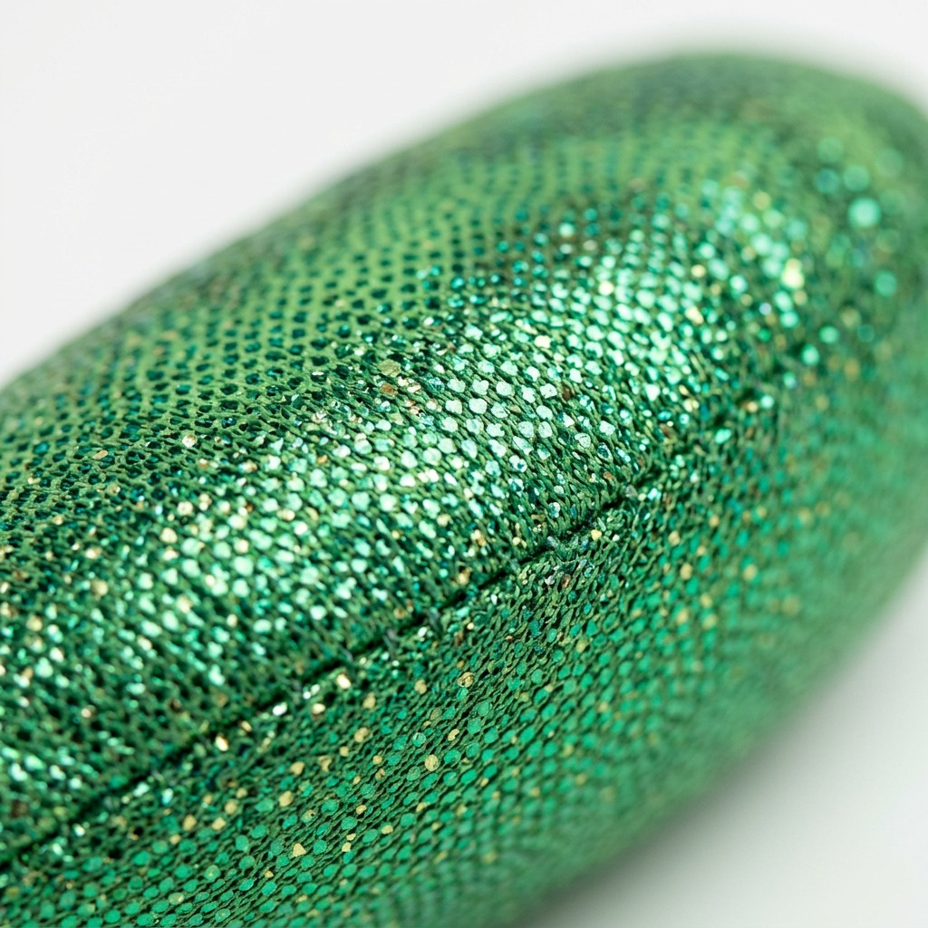 Macro photograph focusing on the green sparkling mesh fabric and stitching of the fdmt manimo Half Moon Ball.