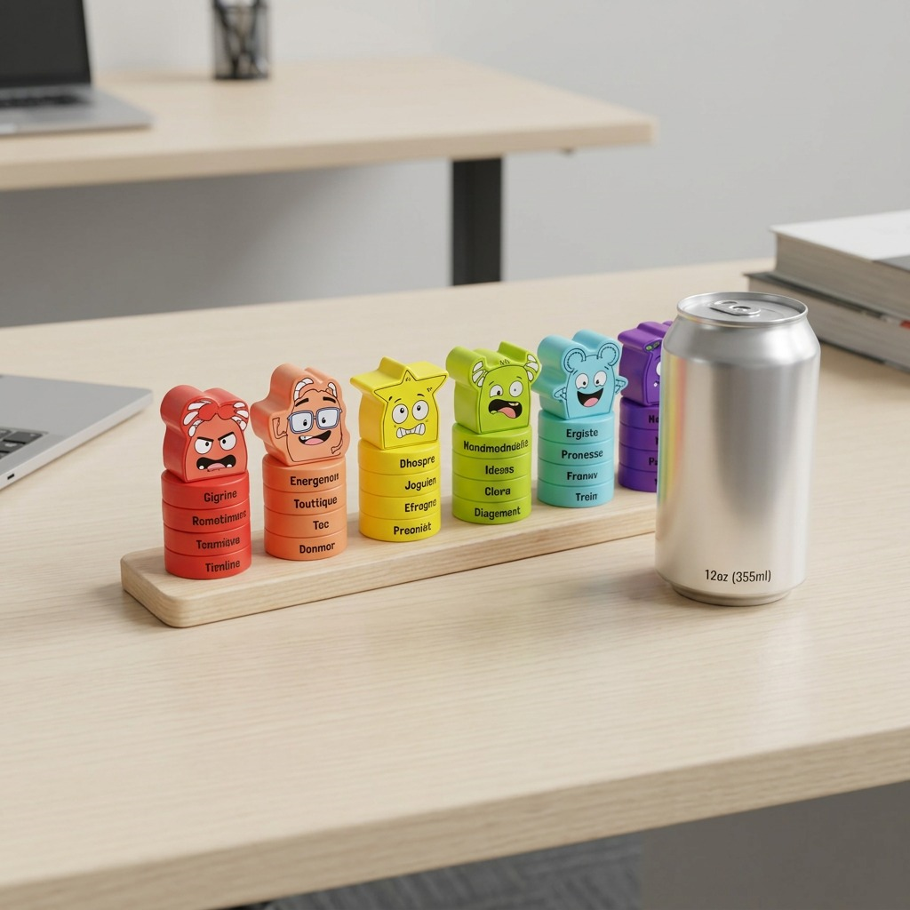 A PDP-ready photo comparing the stacked emotion toy in a clean workspace to a standard 12oz can.