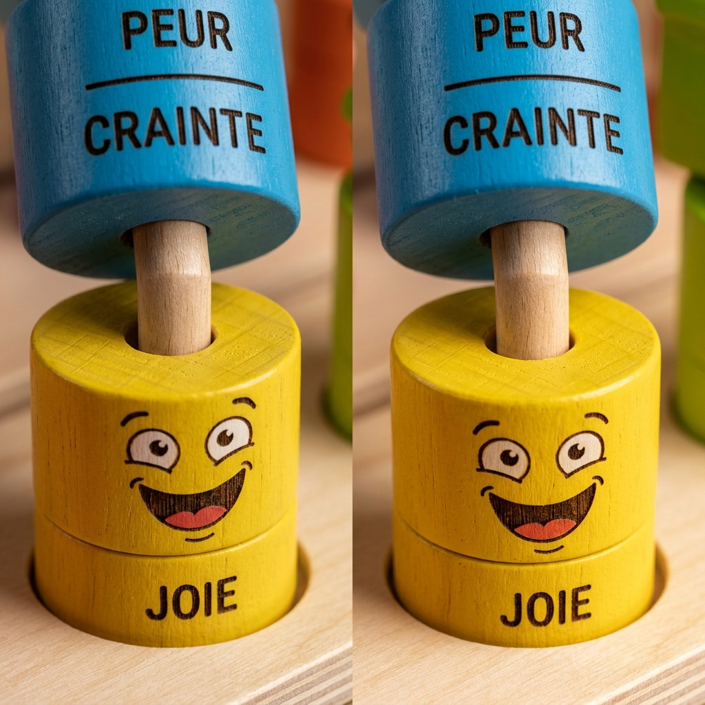 Macro detail of painted wood grain and precision French text engraving on children's stacking rings.