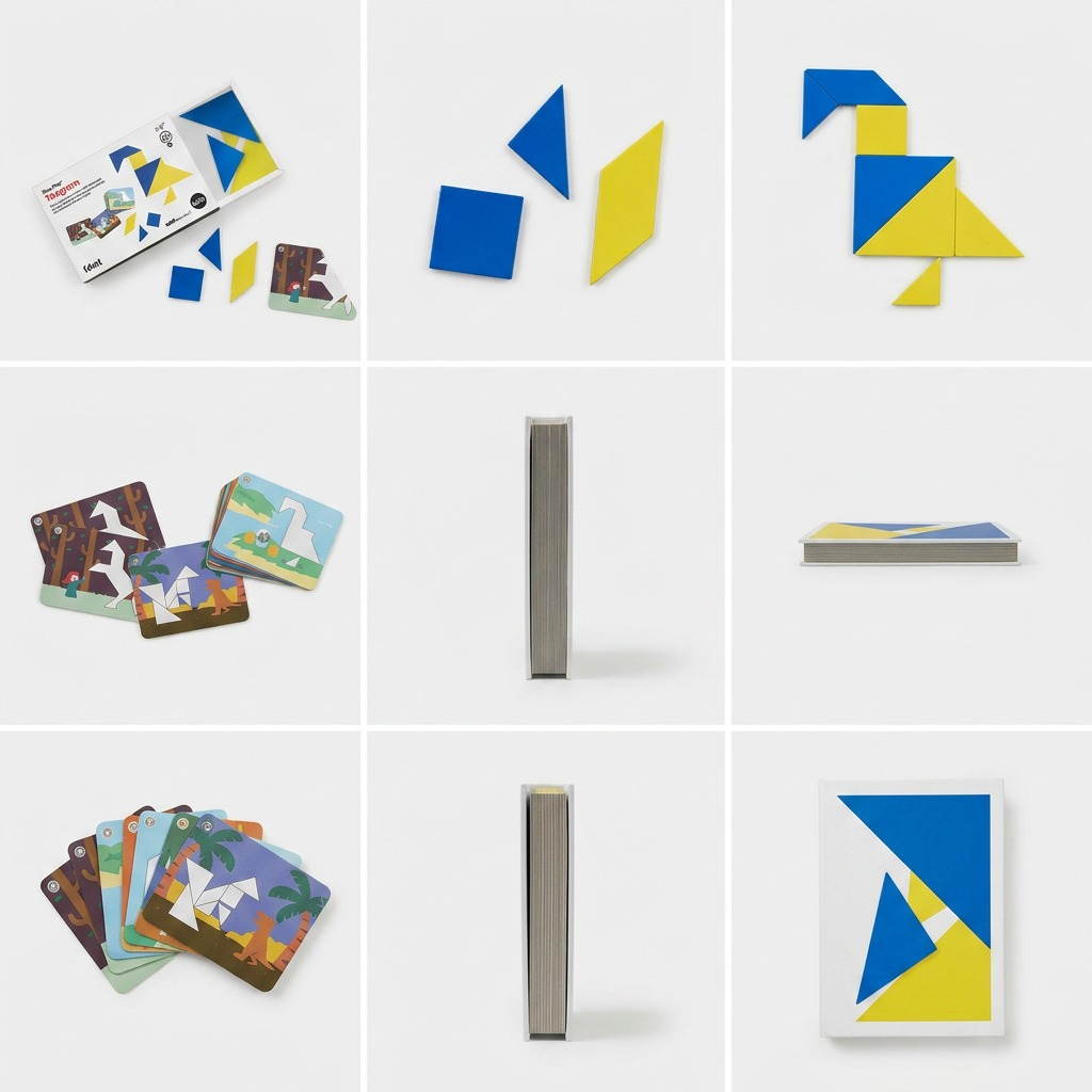A 2x3 grid matrix showing the fdmt Busy Play Tangram from different angles and orientations.