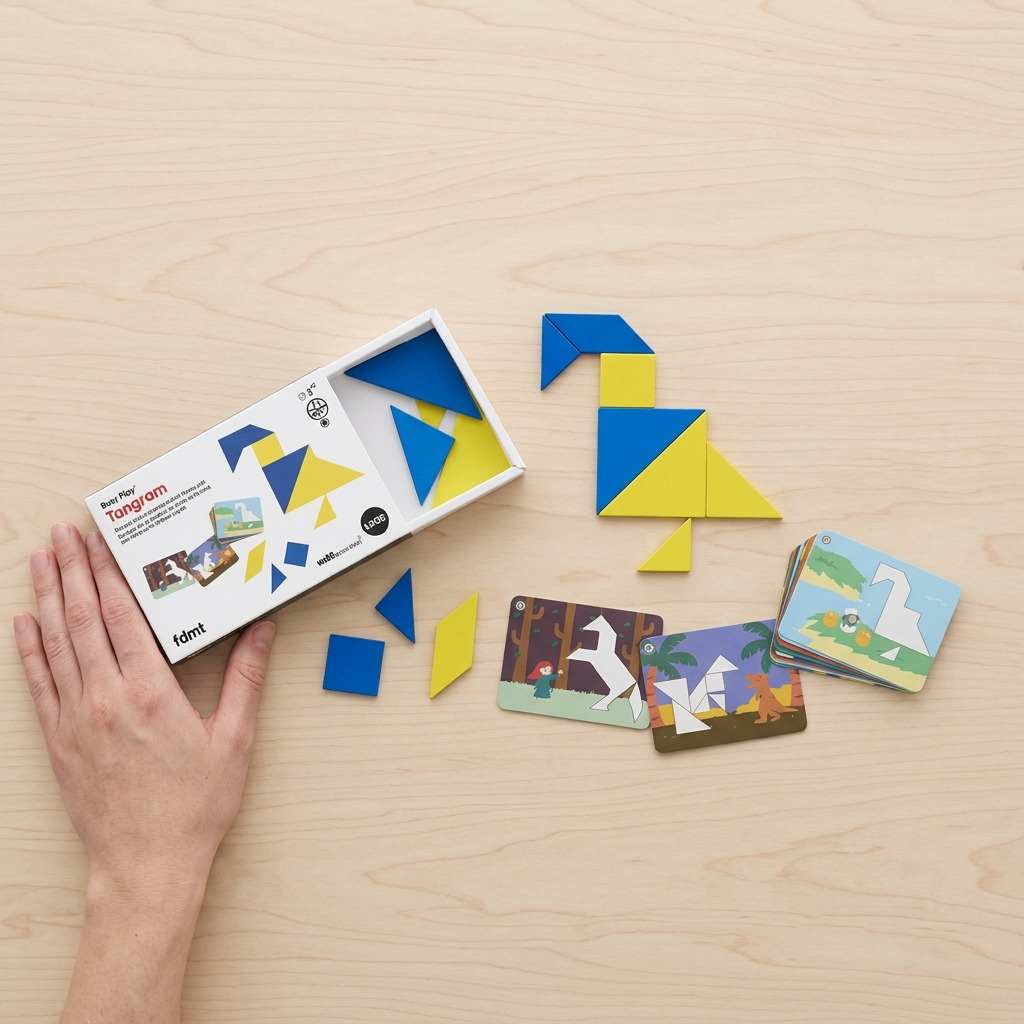 A realistic photo of fdmt tangram set from image_0.png, with pieces placed beside a hand on a wooden desk.
