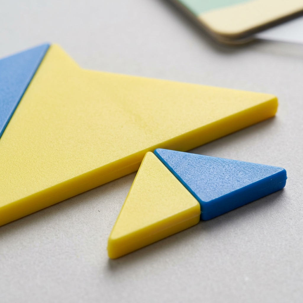 Macro close-up capturing texture and precision of fdmt's yellow and blue tangram pieces.