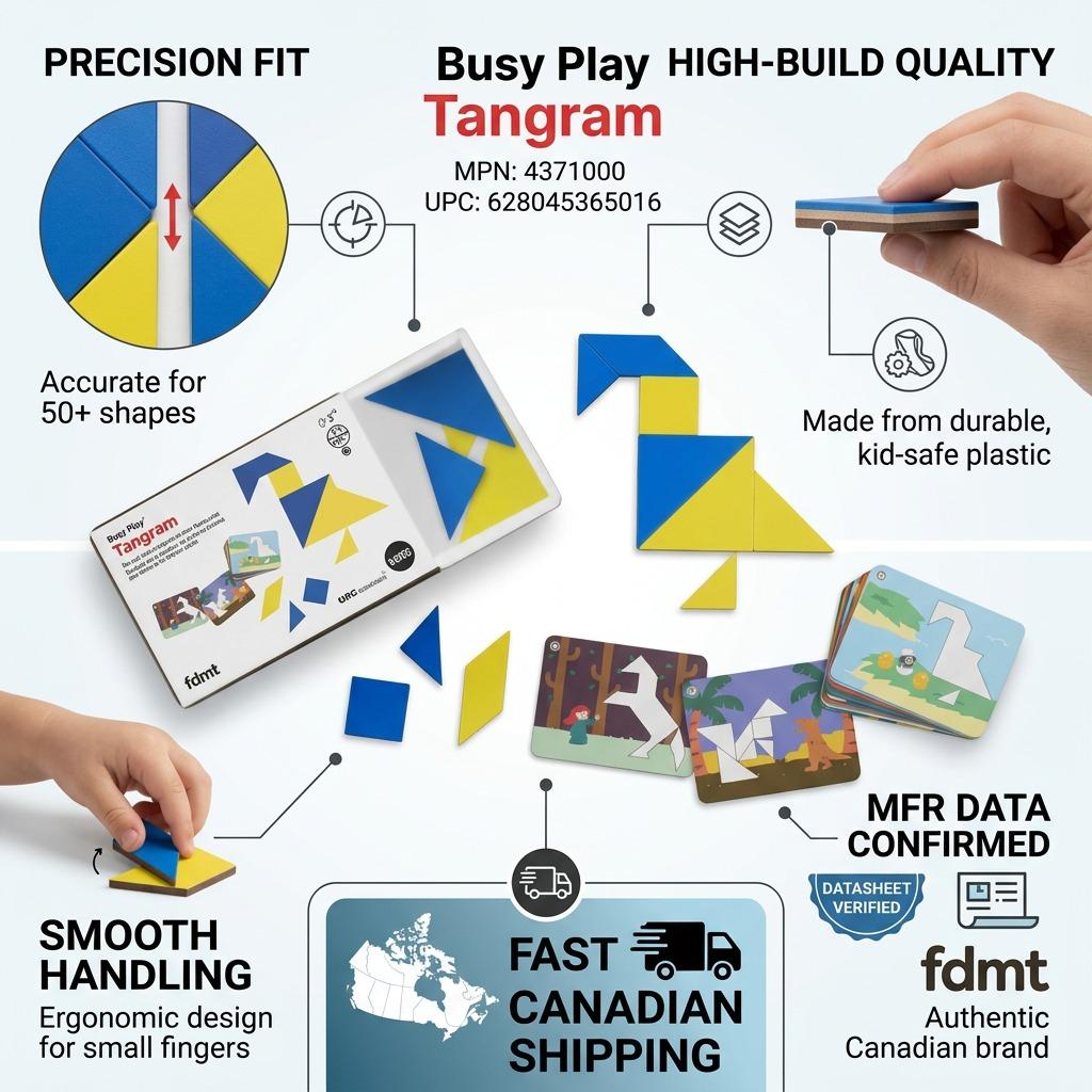 Trust and authority infographic for fdmt Busy Play Tangram with product quality and shipping details.
