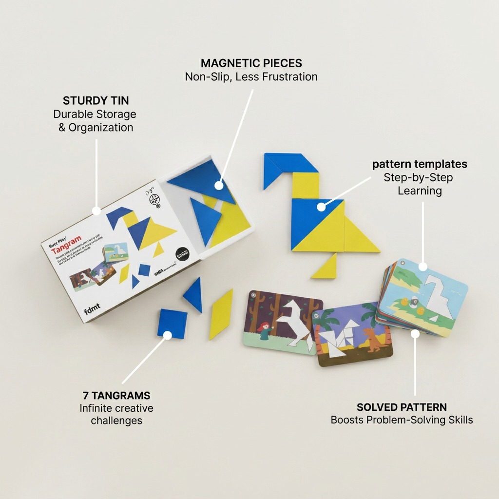 Feature callout graphic shows a magnetic tangram set with pointers highlighting benefits like memory skills and logic.