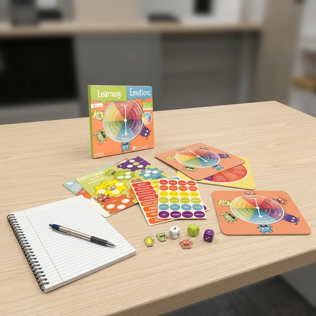 Scale reference photograph for fdmt Learning Emotions kit on a wood desk with a letter-size notebook and pen.