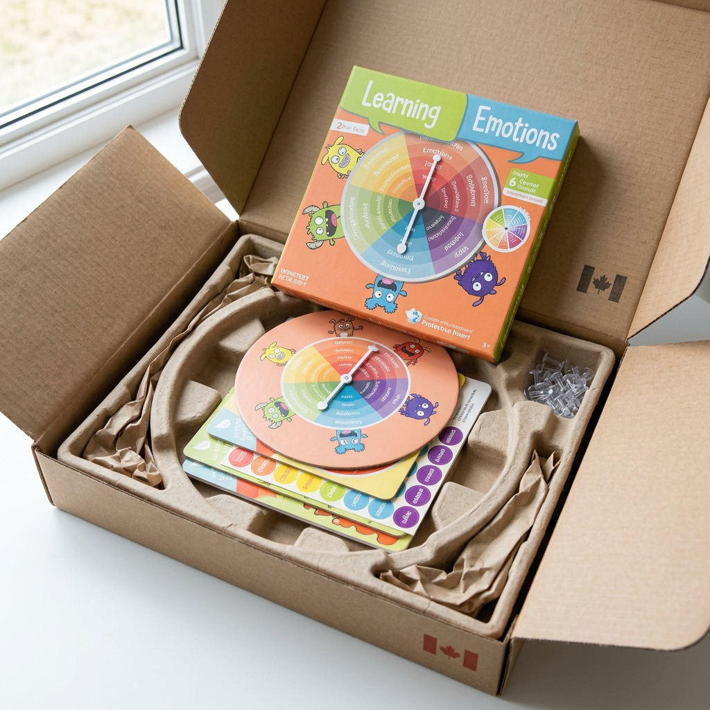 A top-down view of the Learning Emotions game components carefully nestled within protective, custom-cut recycled cardboard inserts inside a clean shipping box, demonstrating safe, damage-free delivery.