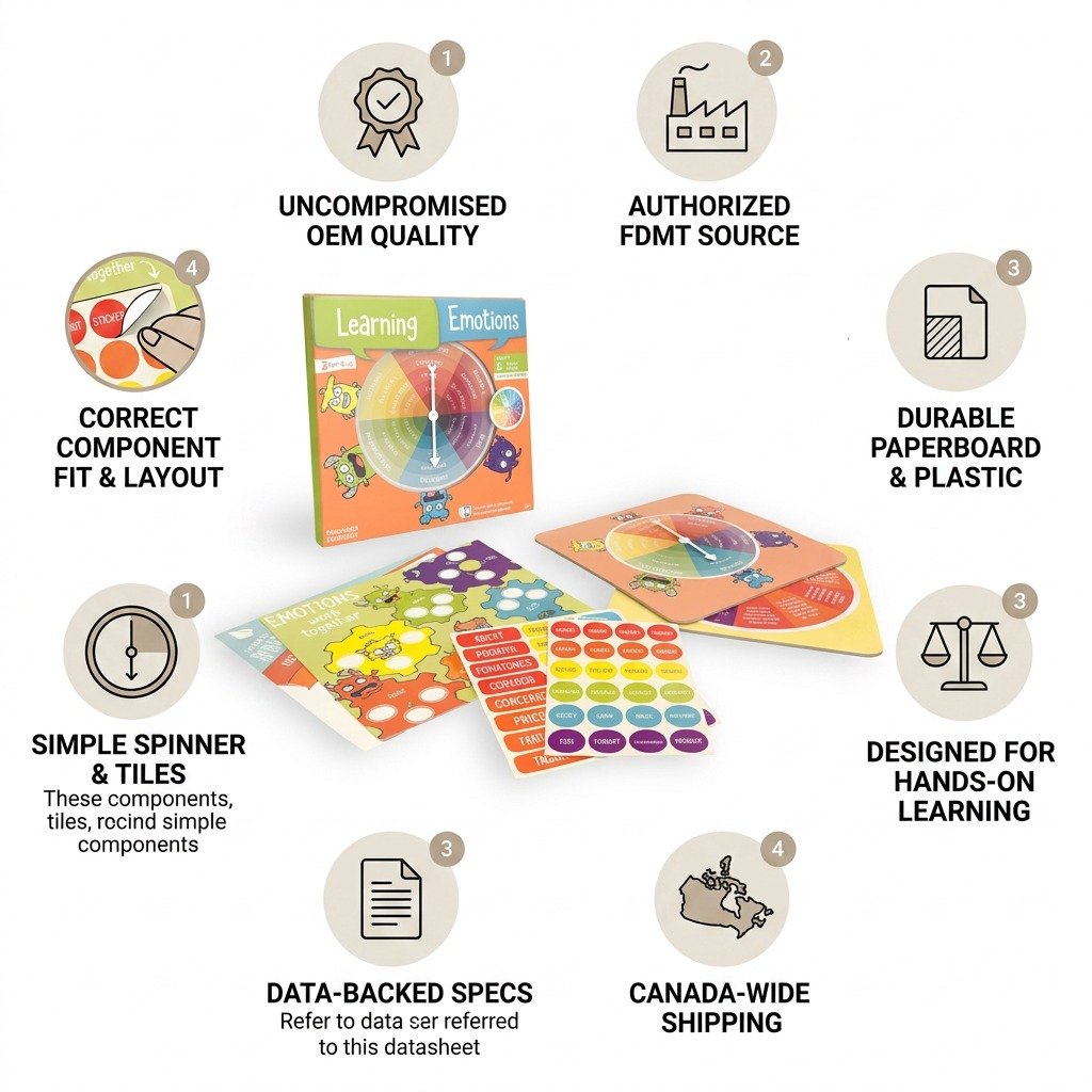 An infographic showcasing the fdmt Learning Emotions product with quality-focused icons and Canadian shipping cues.