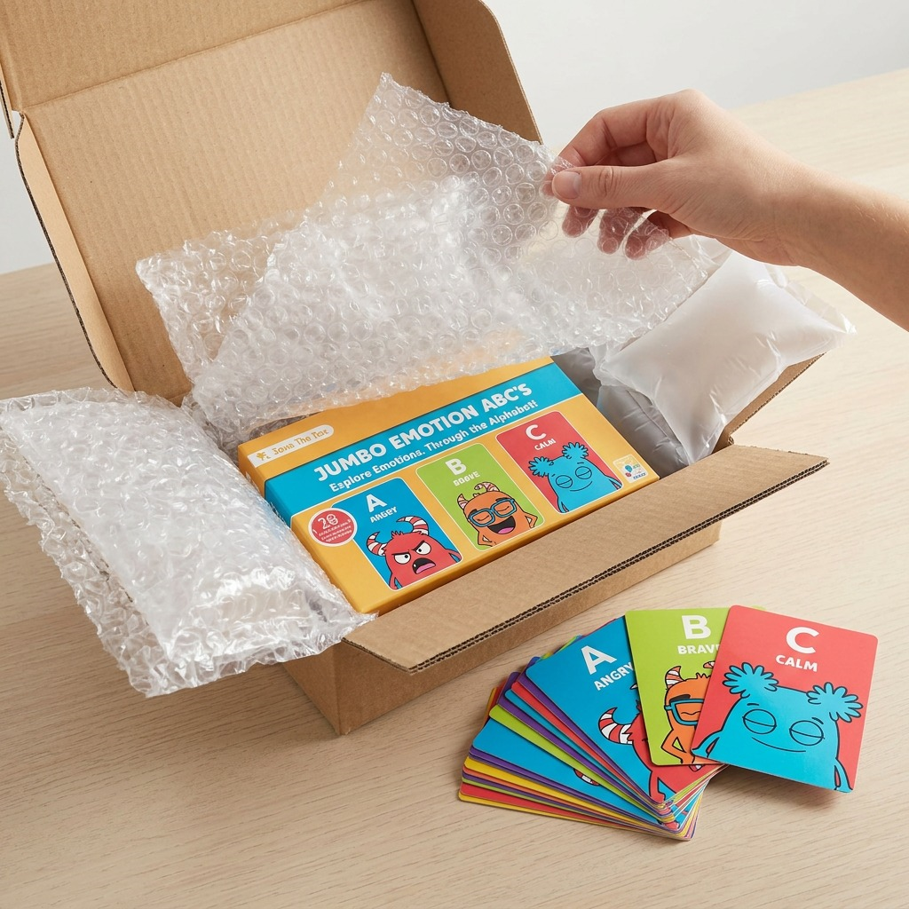 A hand removes a stack of protective bubble film from the product box and cards.