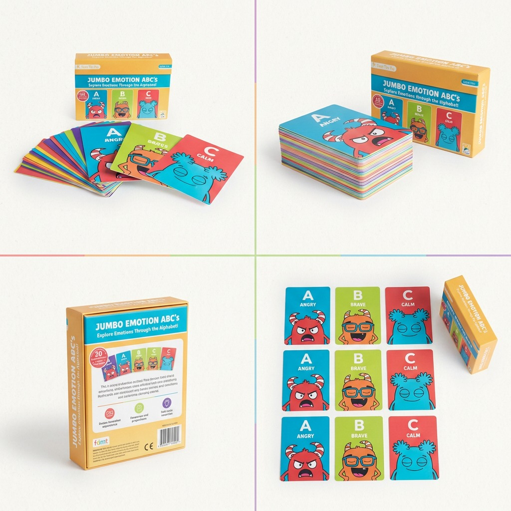 A matrix shot of the Jumbo ABC Emotion Cards showing its front box, fanned cards, and two other angles.