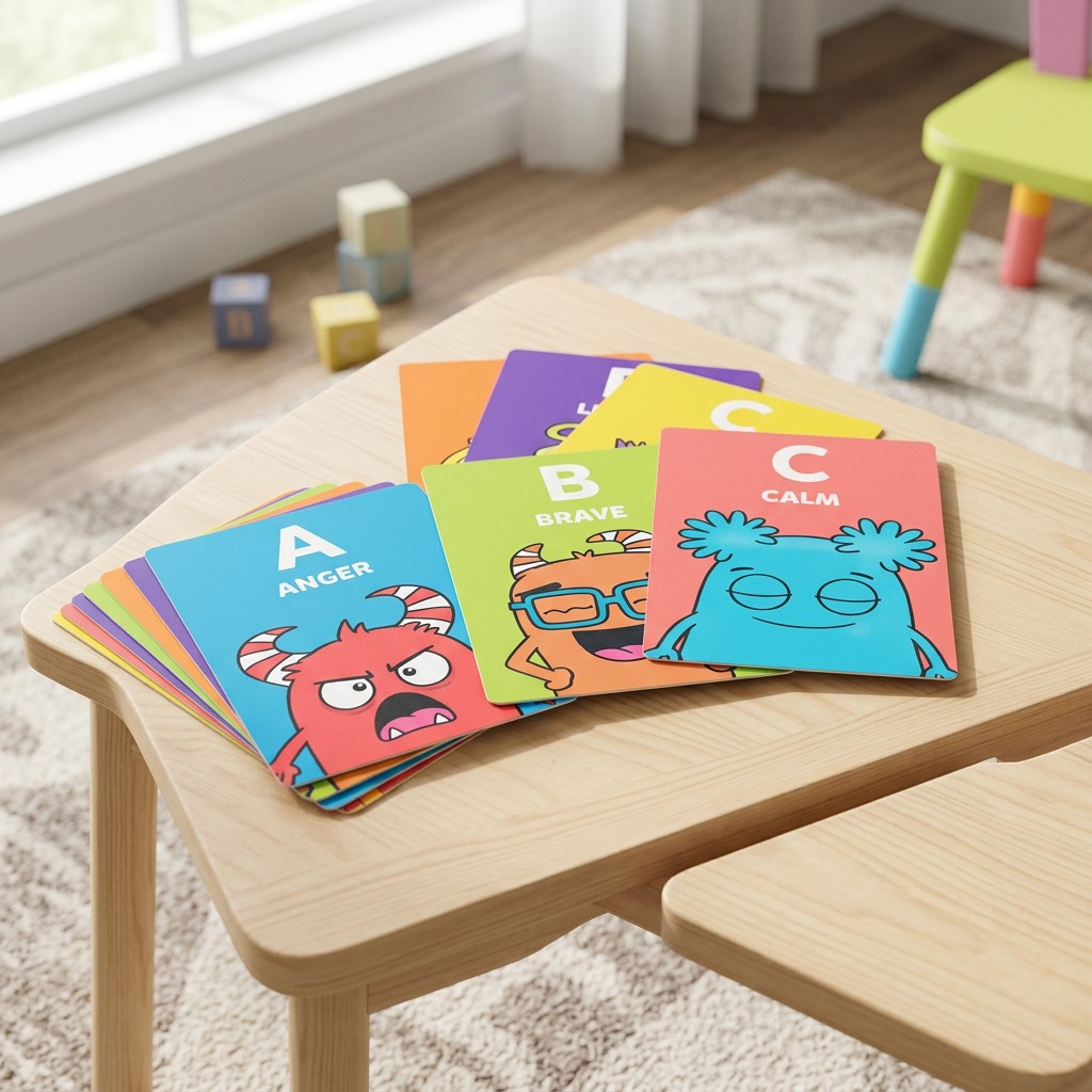 Lifestyle photo of fdmt Jumbo ABC Emotion Cards (fanned A, B, C) on a child-sized wooden table, natural light.