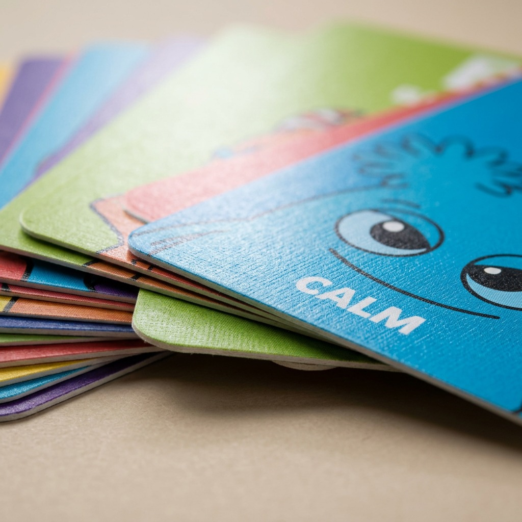 Macro close-up of the "fdmt Jumbo ABC Emotion Cards" showing textured cardstock, vibrant print, and soft, durable edges, highlighting quality.