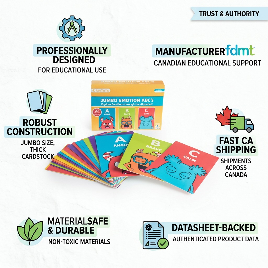 Alt text: Infographic showcasing trust and authority for fdmt Jumbo ABC Emotion Cards with Canadian commitment.