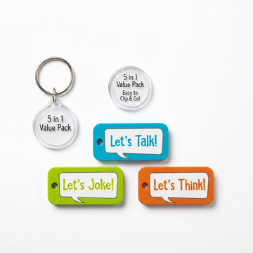 A high-resolution, centered view of the Let's Chat!, Let's Joke!, and Let's Think! key fobs on a pure white background.