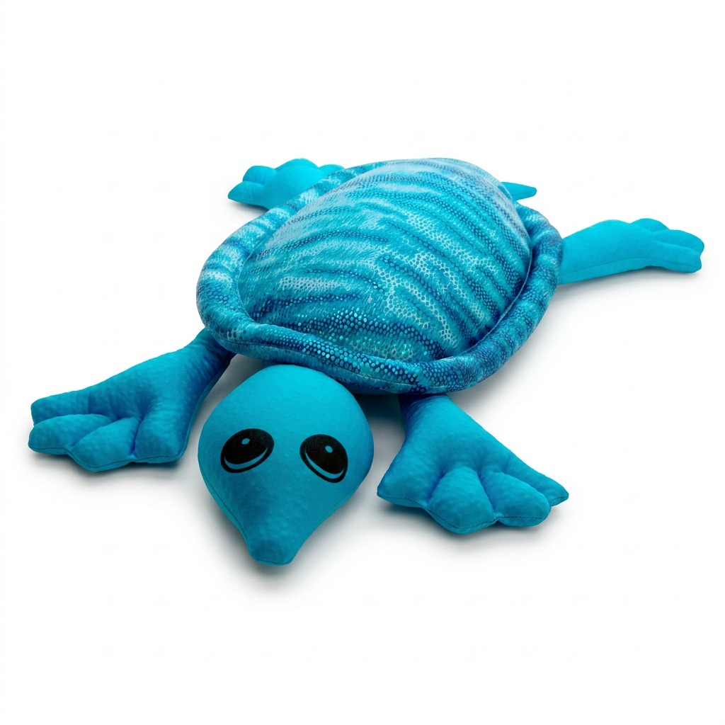 A crisp, high-resolution hero shot of the 2kg manimo Weighted Turtle, centered against a pure white background, showcasing its vibrant blue colors and distinctive materials.