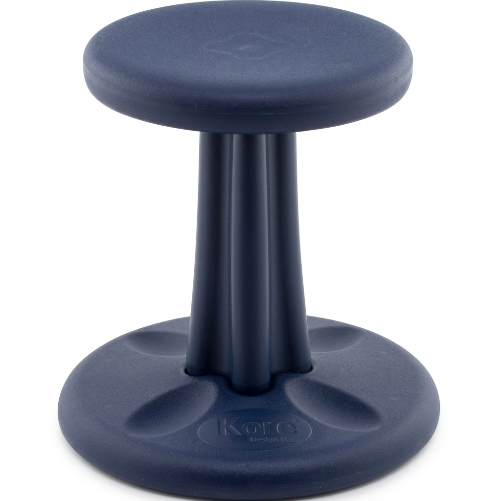 Kore Design 14-inch dark blue wobble stool for kids, featuring an anti-tip base and rounded seat.
