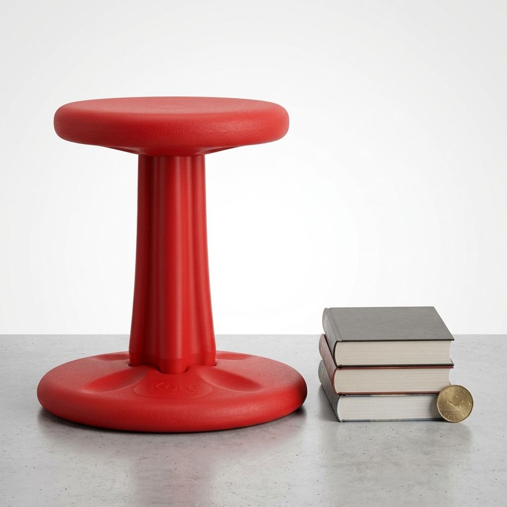 Red fdmt Kore Wobble Stool (36cm) beside a stack of books and a coin for size reference.