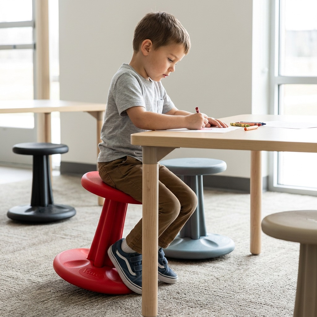 A young child sits on a red 36cm Kore Wobble Stool at a wooden desk in a classroom setting.