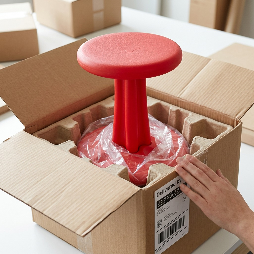 Red fdmt Kore Wobble Stool arriving securely in a shipping box with protective molded cardboard.