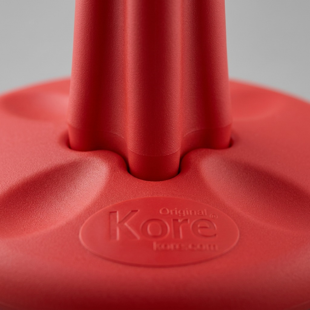Macro view of the red fdmt Kore Wobble Stool's textured plastic base and fluted center column.