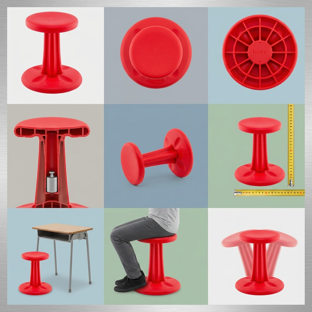 Grid of red 36cm Kore Wobble Stool views including top, bottom, side, scale, and motion effects.