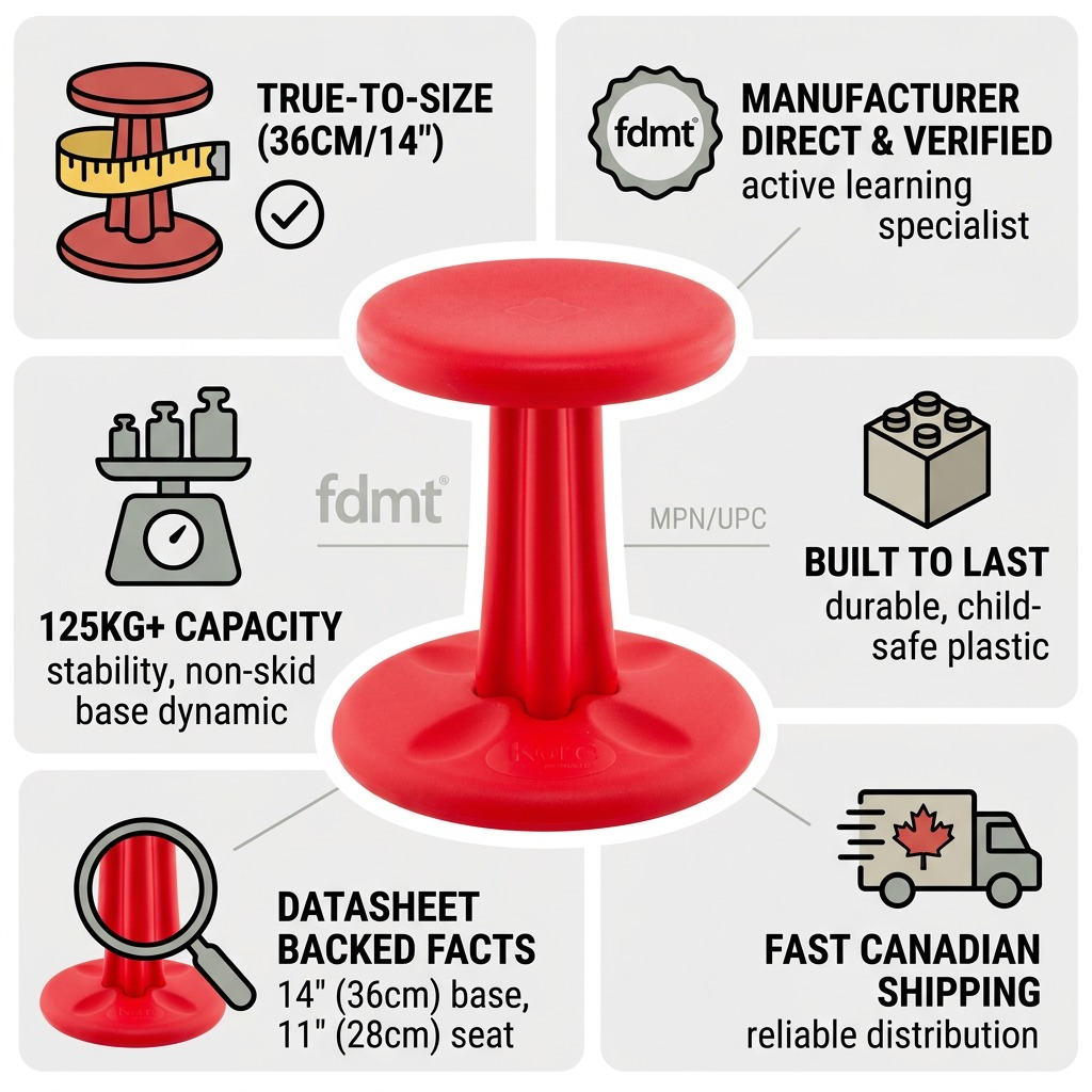 Red 36cm fdmt Kore Wobble Stool infographic highlighting 125kg capacity and fast Canadian shipping.