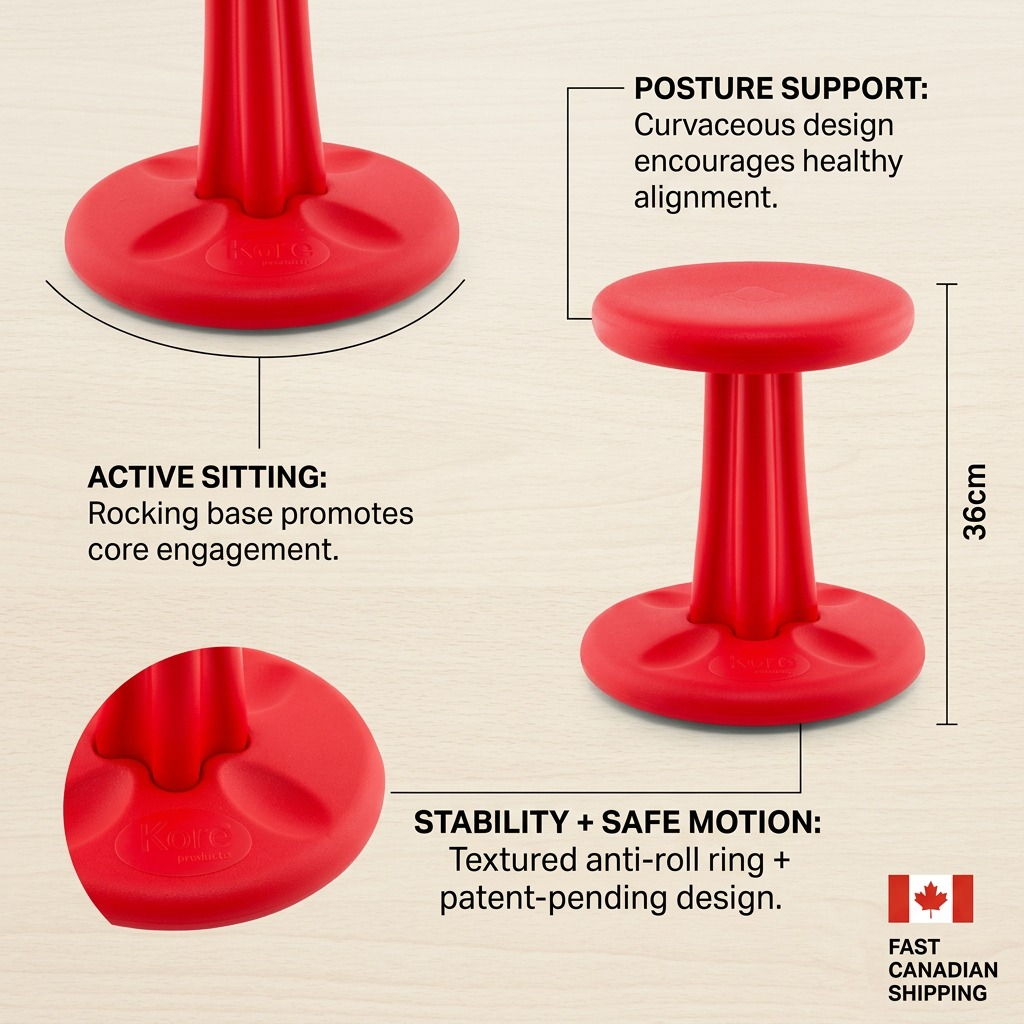 Red 36cm Kore Wobble Stool features: active sitting rocking base, posture support, and anti-roll ring.