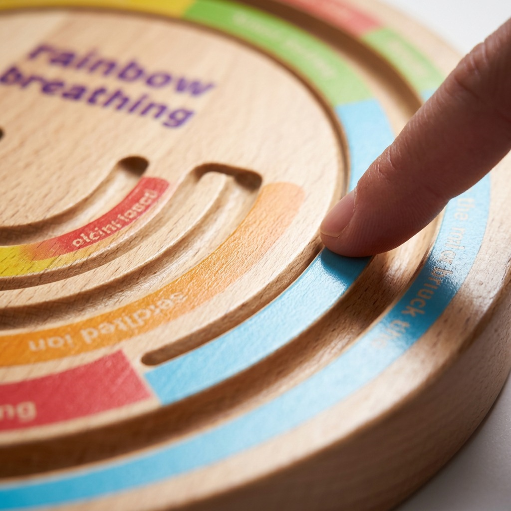 Macro close-up of wooden calming board showing deep rainbow grooves and fine grain texture.