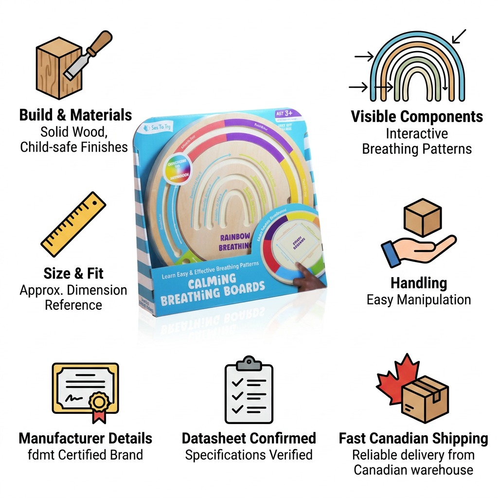 Trust and authority infographic showing fdmt Calming Breathing Boards with product feature icons, material info, and fast Canadian shipping.