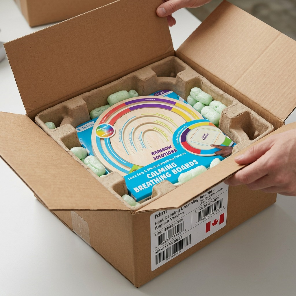An opened shipping box revealing a fdmt calming breathing board nestled in protective dividers and packing material.